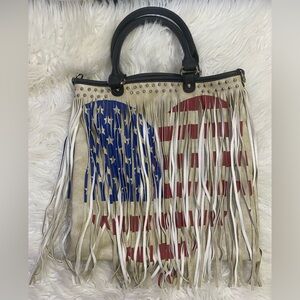 American Flag Fringe Concealed Carry Tote Bag Faux Leather 14” x 14”